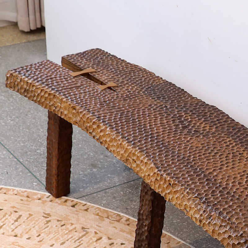 Wabi-Sabi Hand-Hammered Texture Bench – Japanese Minimalist Solid Wood Long Bench with Artisan Finish, Unique Rustic Furniture
