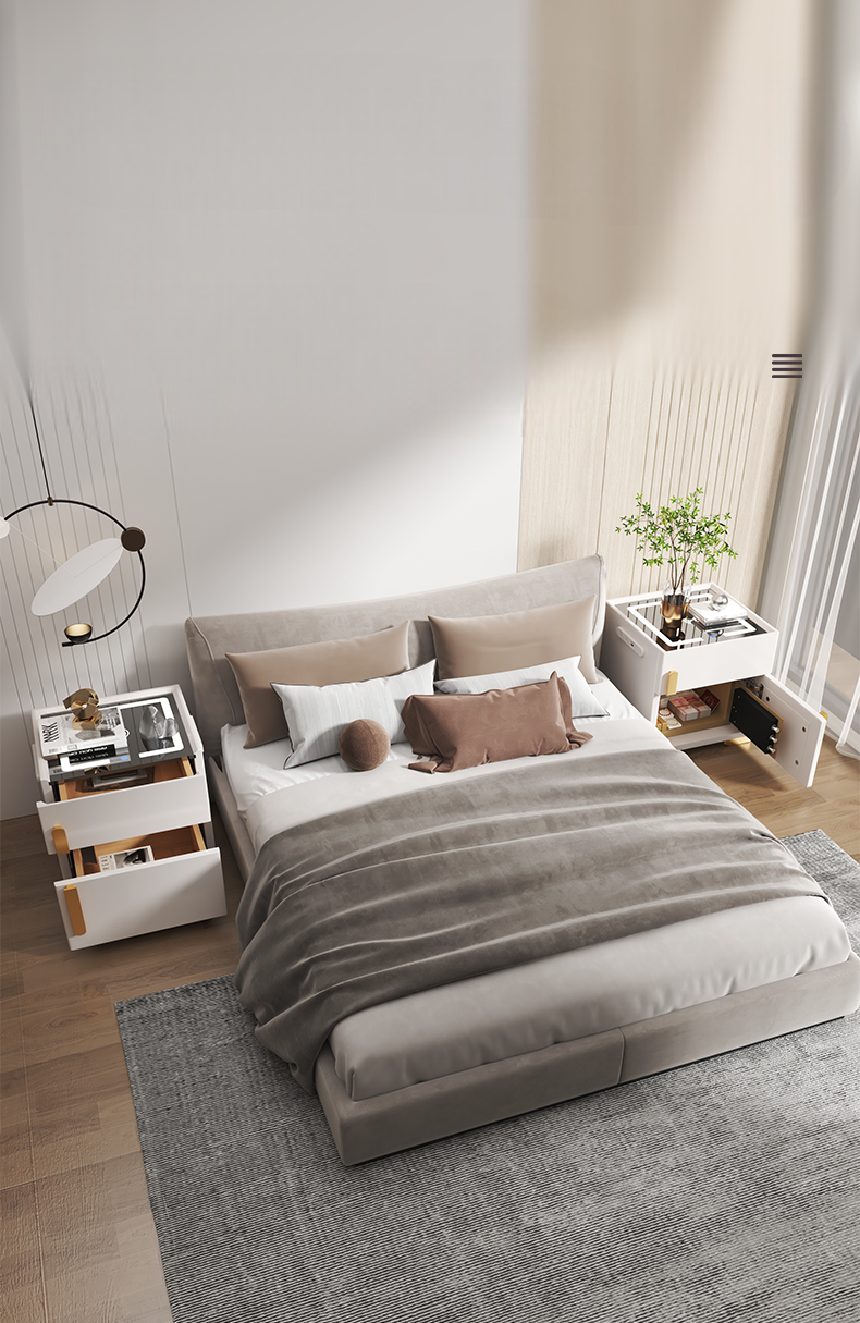 Smart Luxury Nightstand with Safe, Modern Bedroom Bedside Cabinet—Plum Blossom White, LED, Wireless Charging & USB