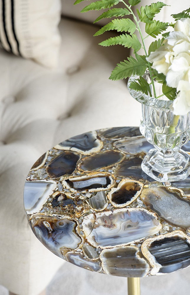 Handcrafted Aluminum Inlaid Agate Luxury Stone Designer Side Table, Black Small Edition