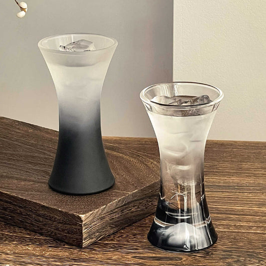 Luxury Frosted Hourglass Mountain-View Glass Set 150ml – Black-Base Waist-Nipped Whisky, Champagne, Juice & Cocktail Glasses, Modern Minimalist Design