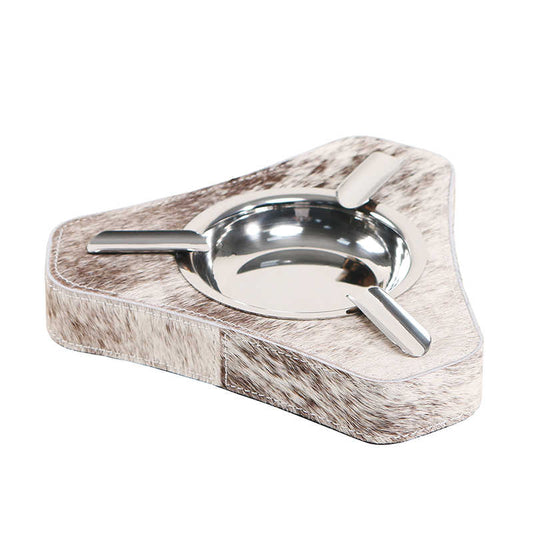 Luxury Vintage Cowhide Leather Metal Ashtray, Modern Designer Triangle Smoking Accessory for Home, Office, Hotel Decor