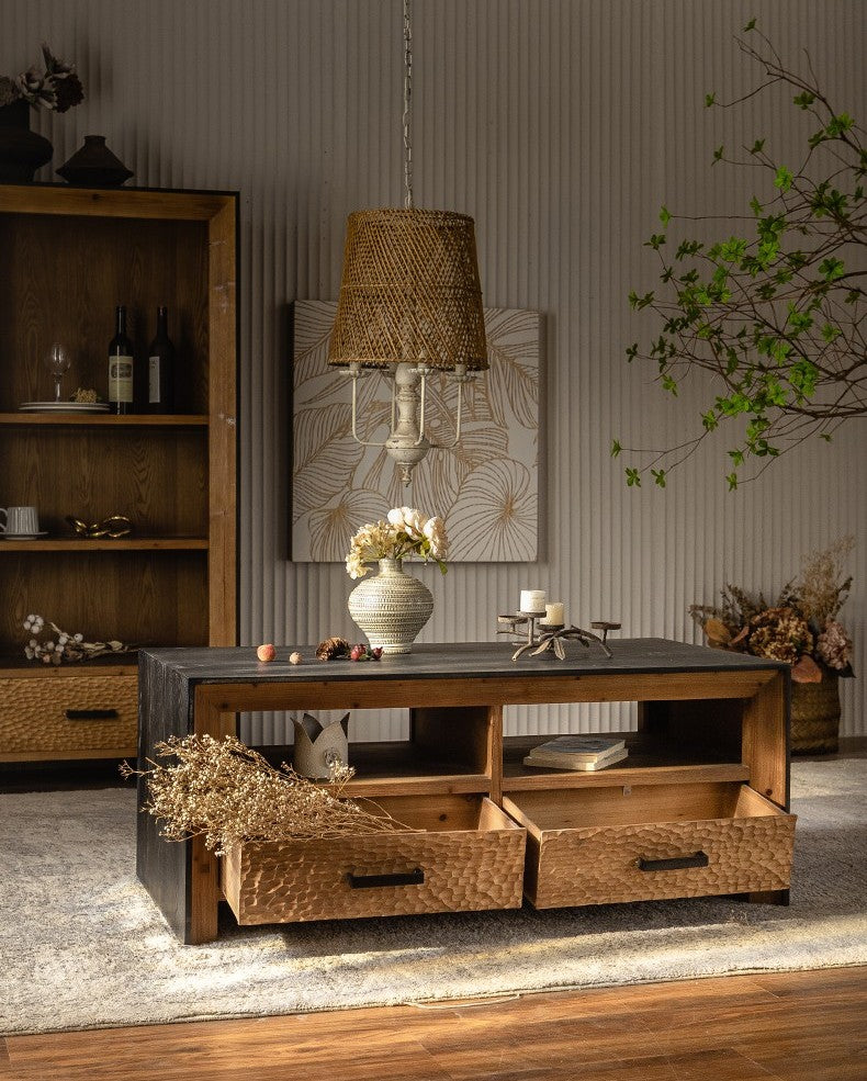 Vintage Distressed Solid Wood Coffee Table, Wabi-Sabi Style TV Console with Textured Drawers, Designer Living Room Storage Table for Small Spaces,