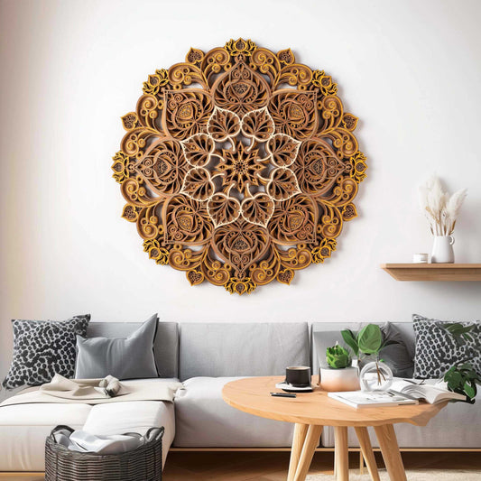 Large 3D Wooden Mandala Wall Art – Handcrafted Bodhi Flower Round Panel, Modern Sofa Backdrop, Living Room, Dining, Bedroom Decor