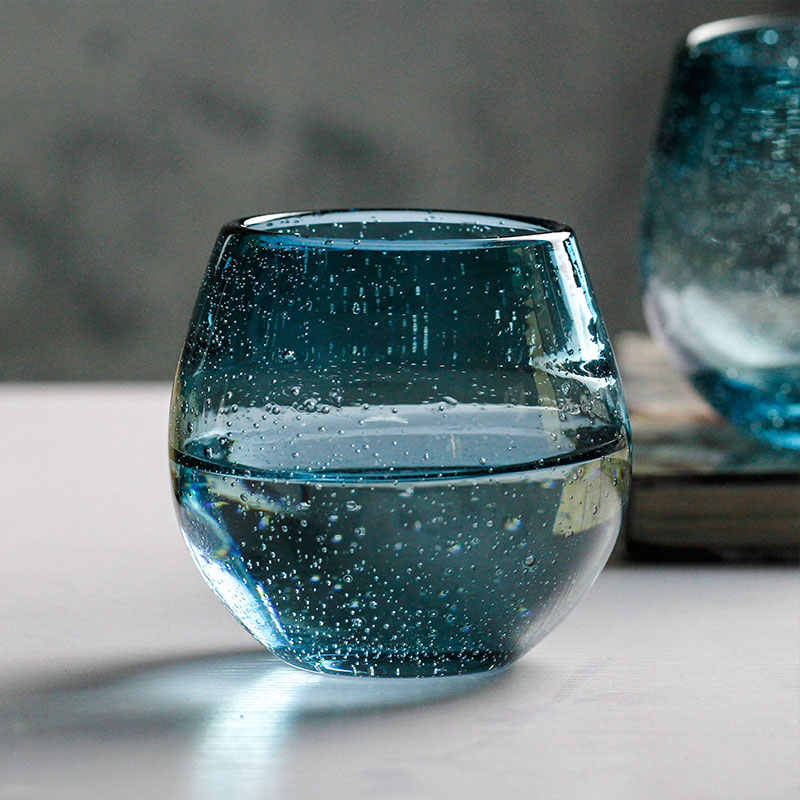 Handmade Teal Bubble Whiskey Glass Set of 2 – 330ml Artistic Crystal Tumbler, Unique Firenze Style with Wood Gift Box, Lead-Free Bar Glassware