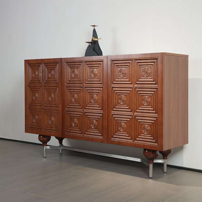Mid-Century Traditional Carved Rosette Solid Wood Sideboard – Designer Three-Door Storage Cabinet with Relief Pattern, Premium Entryway Console for Living Room and Dining