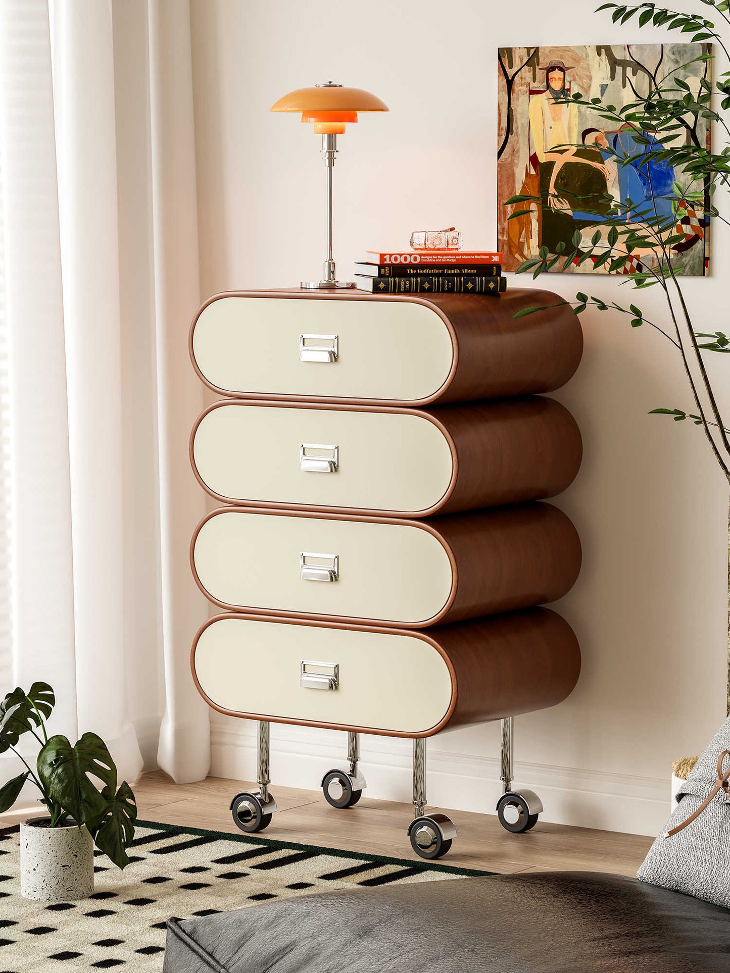French Cream Oval Chest with Casters – Modern Mobile 4-Drawer Storage Cabinet, Two-Tone Walnut and White Accent Dresser for Small Spaces