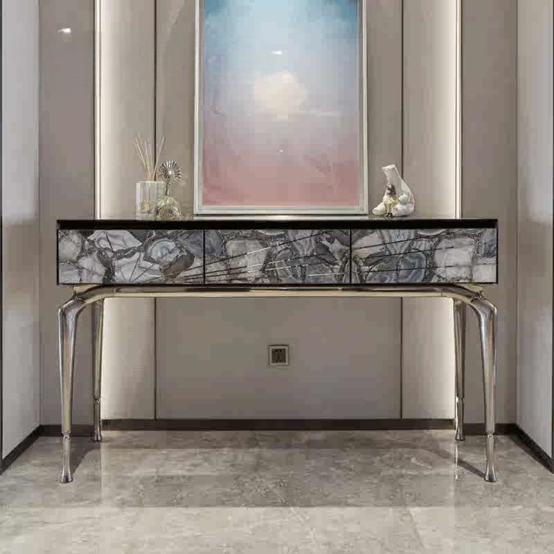 Luxury Designer Entryway Console Table, High-End Villa Foyer Table with Stainless Steel & Natural Agate