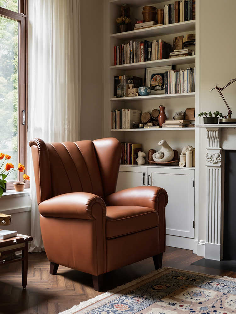 Vintage Leather Tiger Chair – Retro Single Lounge Armchair for Living Room, Balcony, or Reading Nook
