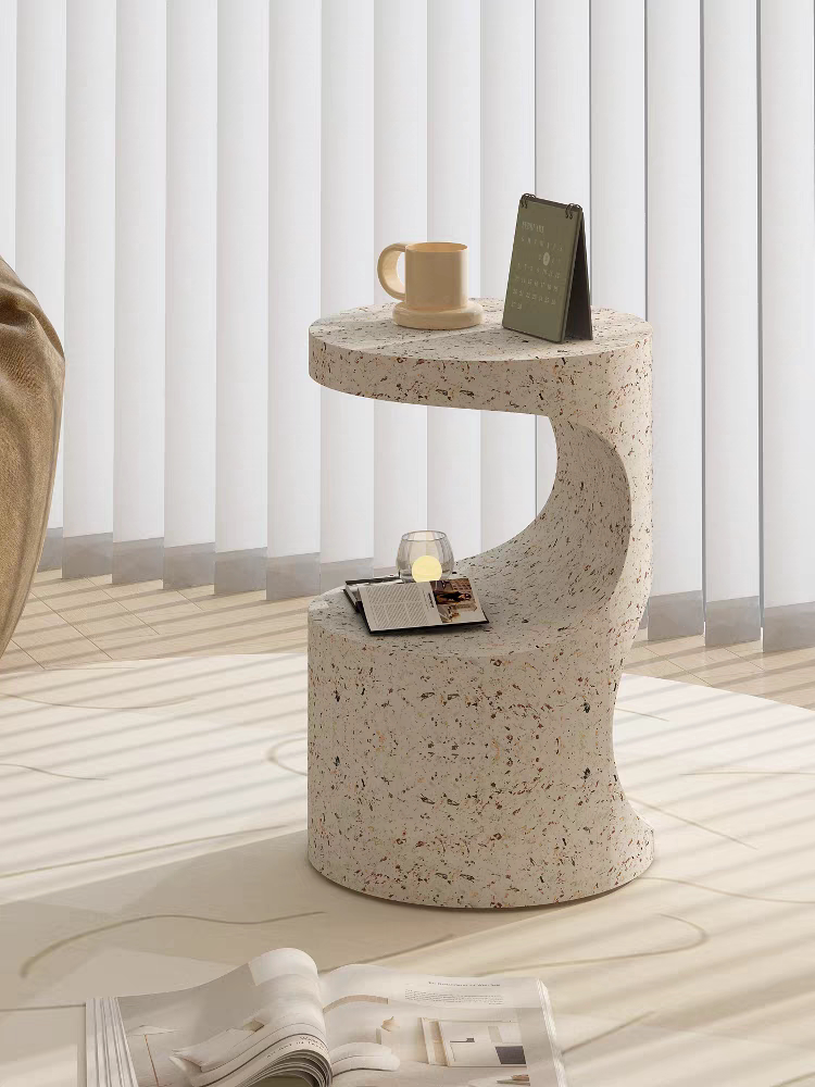 Minimalist Sculpted Side Table, Modern Terrazzo Accent Table for Living Room, Bedroom, Sofa, Entryway