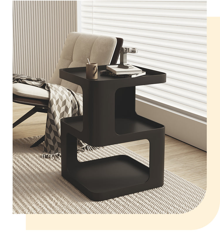Modern S-Shaped Side Table with Triple Storage Levels, Contemporary Black Nightstand with Geometric Design, Minimalist Living Room Accent Table