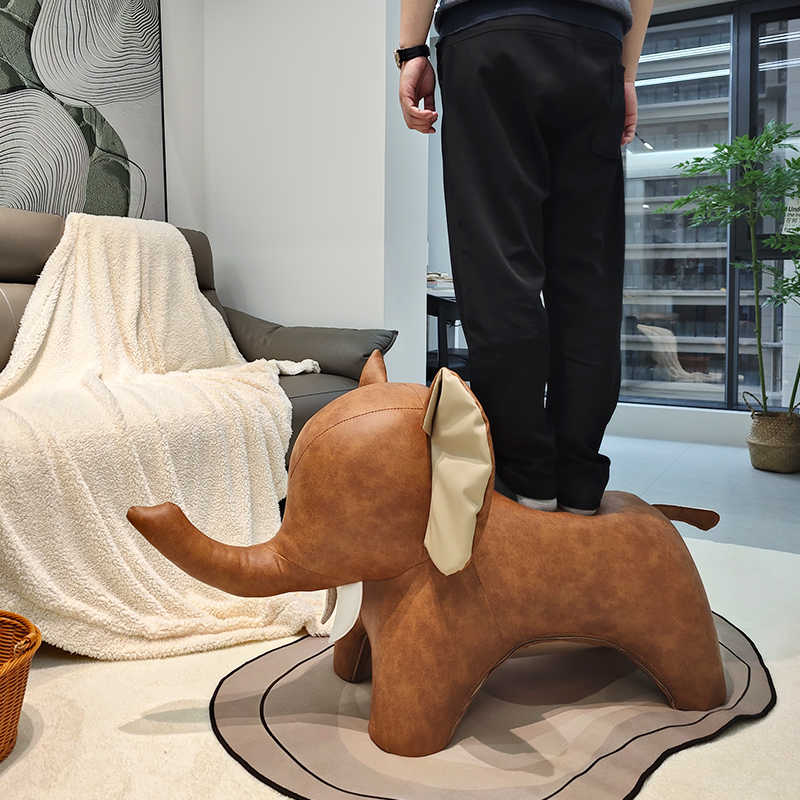 Luxury Elephant-Shaped Ottoman Stool Set, Premium Faux Leather Animal Sculptural Seating, Nordic Style Creative Shoe Changing Bench for Living Room
