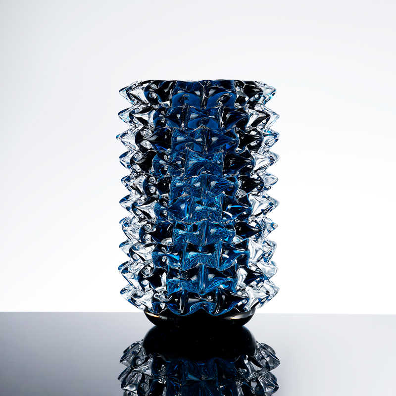 Blue Stacked Art Glass Vase, Heavy Crystal Sculptural Flower Vessel with Layered Design, Modern Office Living Room Decor