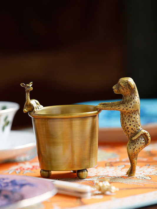 Luxury Brass Animal Candy & Cutlery Holder, Leopard and Giraffe Decorative Storage Bucket, Modern Vintage Dessert Spoon Organizer