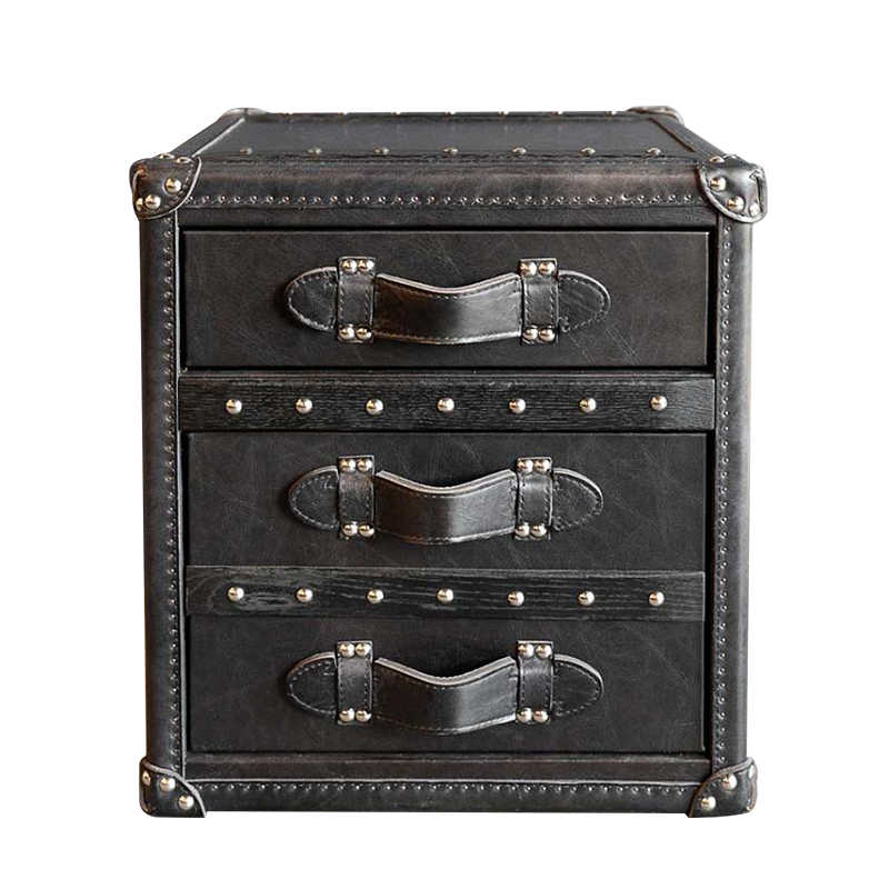 Vintage Steamer Trunk Side Table, Genuine Oil-Wax Cowhide Leather Storage Chest with Metal Studs, American Country Style 3-Drawer Nightstand