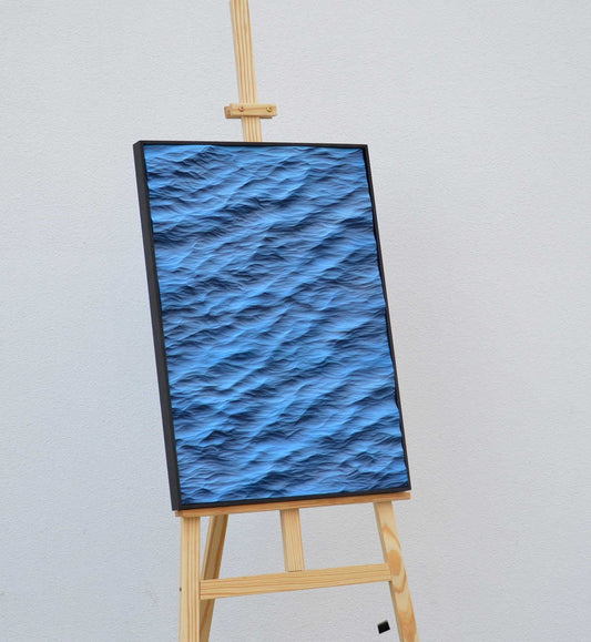 Modern 3D Ocean Wave Relief Wall Art, Blue Embossed Minimalist Painting with Black Solid Wood Frame, Unique Style for Living Room Décor