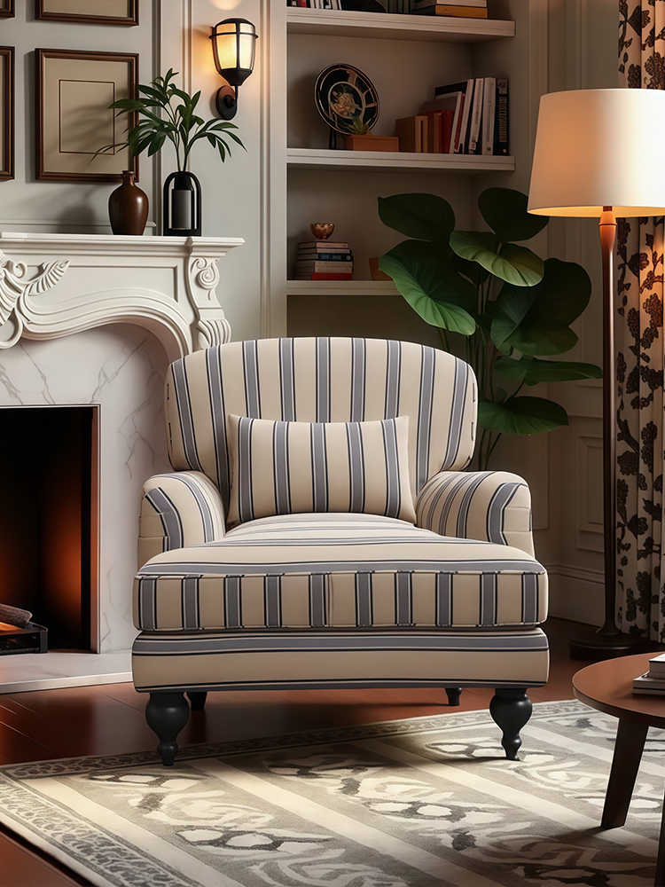 Vintage Blue-White Striped Armchair – Designer Retro Single Sofa for Living Room, Bedroom, Balcony and Study