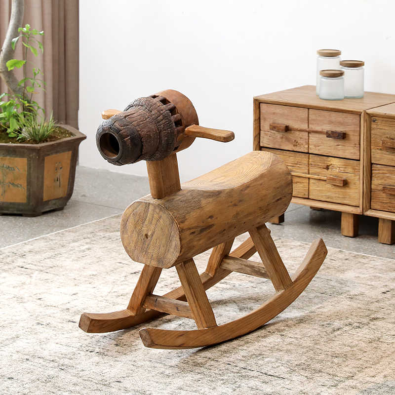 Wabi-Sabi Wooden Rocking Horse – Handcrafted Solid Wood Traditional Toy with Weathered Finish, Japanese Minimalist Children's Furniture