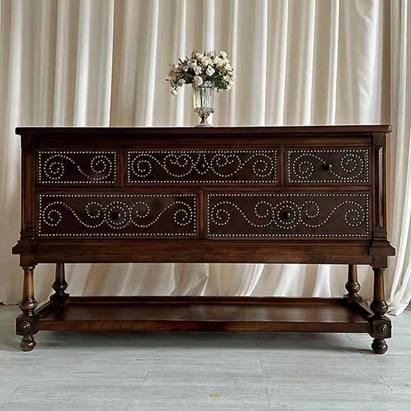 American Art Deco Sideboard with Nailhead Trim & Marble Top, French Vintage Style Whiskey Collection Cabinet with Turned Legs