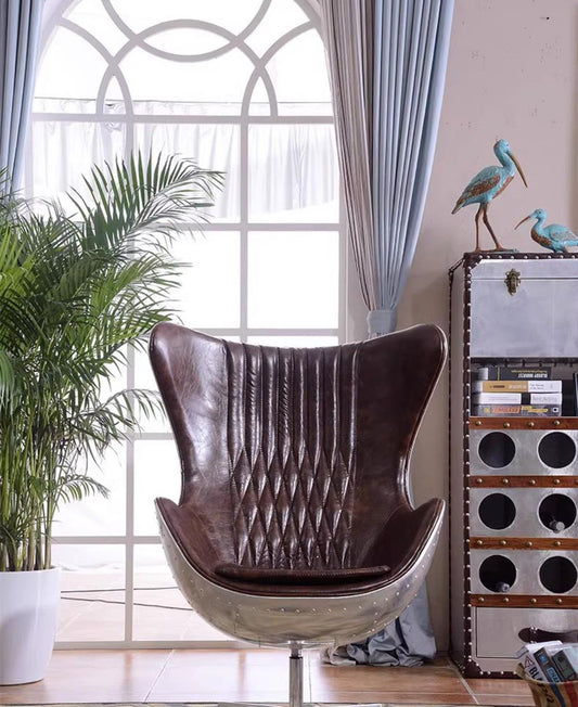 Classic Mid-Century Egg Chair with Aviation-Inspired Design – Premium Vintage Brown Leather & Polished Aluminum Shell, Swivel Lounge Chair