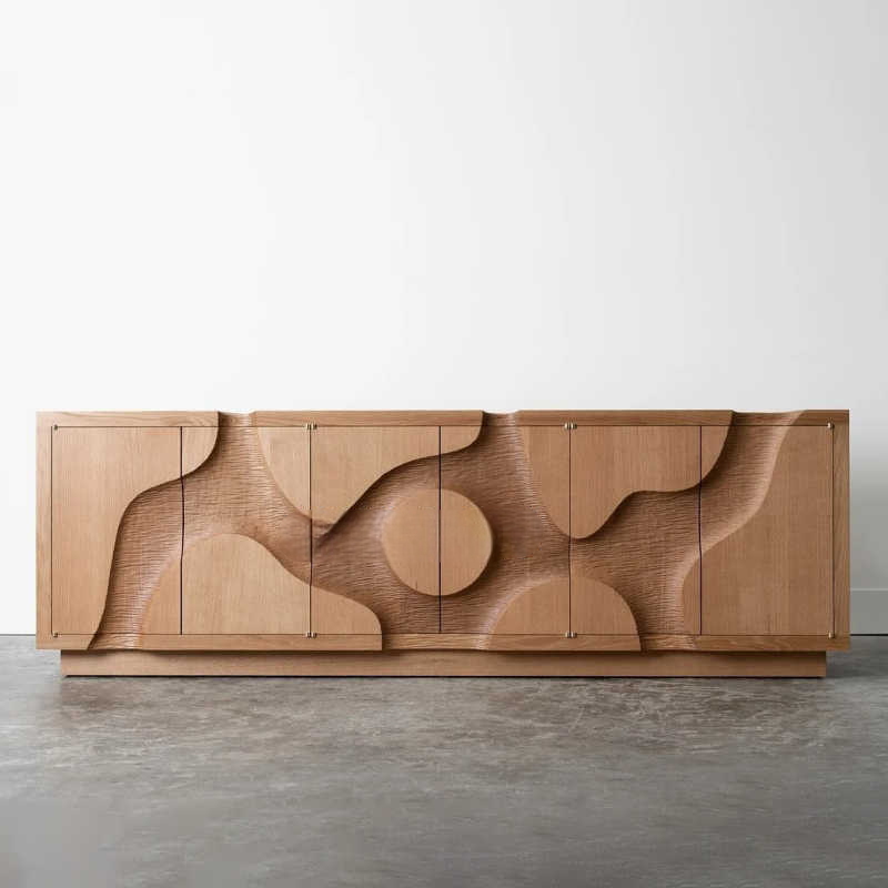 Luxury Sculpted Solid Wood Carved Sideboard, Designer Art Buffet Cabinet with 6 Doors, High-End Retro Entryway Storage