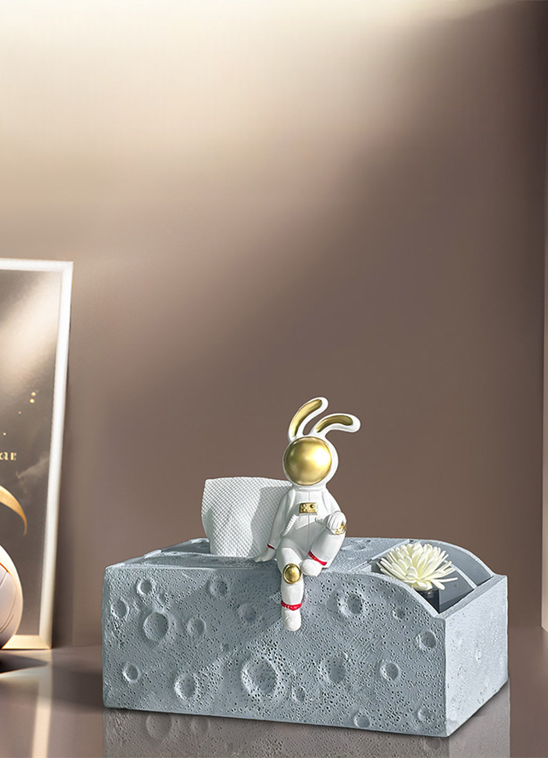 Luxury Astronaut Bunny Tissue Box – Lunar Surface Storage Holder, Modern Cute Dining Table & Living Room Accent