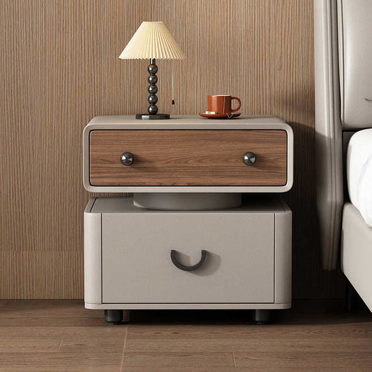 Contemporary Floating Two-Tier Nightstand – Modern Cream & Walnut Bedside Cabinet with Stacked Design, Premium Solid Wood Bedroom Storage