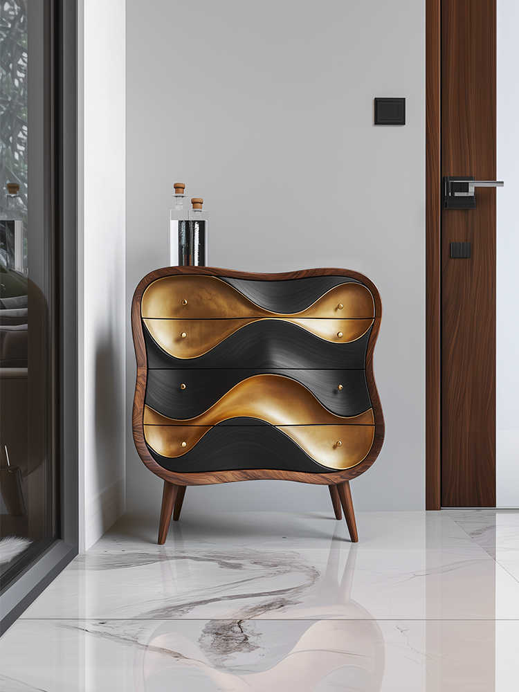 Luxury Designer Wave Front 4-Drawer Chest – Modern Artistic Solid Wood Storage Cabinet with Gold & Black Curved Drawers, Bedroom Accent Dresser for Villa, Entryway, or Jewelry