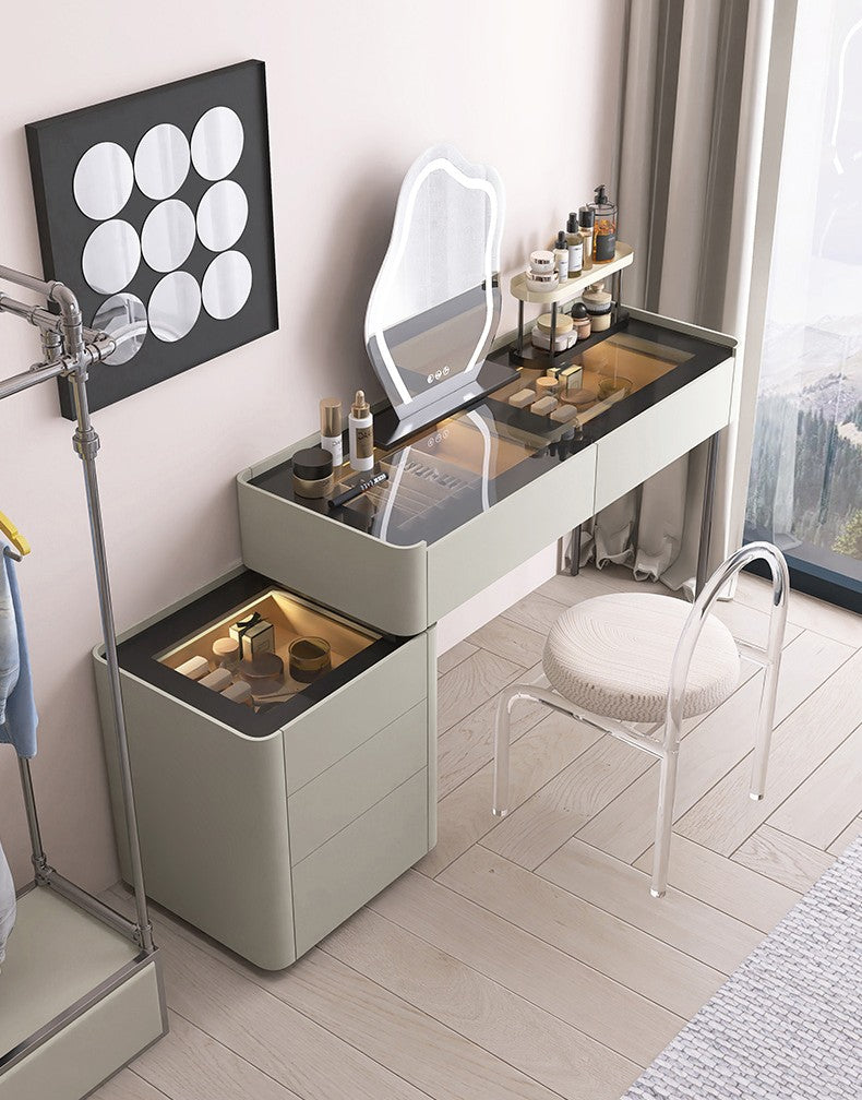 Minimalist Lacquered Vanity Set, Wide Dressing Table with Password-Locked Side Cabinet & Jewelry Box—Taupe Grey