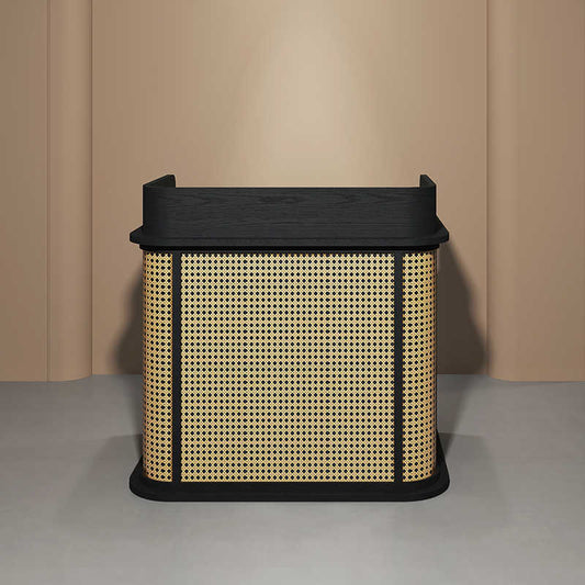 Compact Reception Counter for Stores – Small Business Cashier Desk, Restaurant Entry Inquiry Bar, Modern Rattan & Wood Welcome Stand