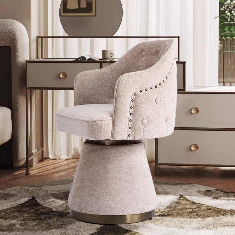 Luxury American Style Swivel Vanity Chair, Tufted Boucle Upholstered Makeup Chair with Brass Base, Designer Vintage Dressing Table Seat,