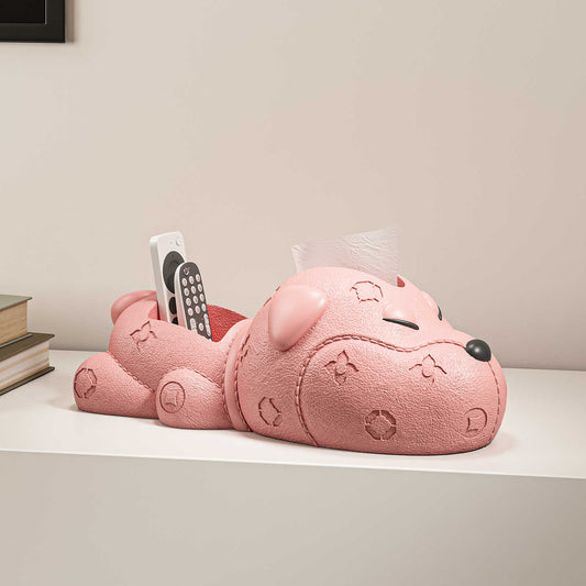Luxury Pink Dog Leather Tissue Box Holder – Cute Puppy Desk Organizer for Napkins, Remote, Keys – Decorative Storage Box for Living Room, Entryway, or Dining Table