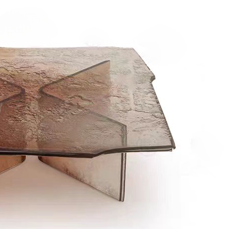 Designer Brown Acrylic Stone-Textured Coffee Table, Custom Modern Art Square Center Table, Luxury Transparent Acrylic Living Room Table