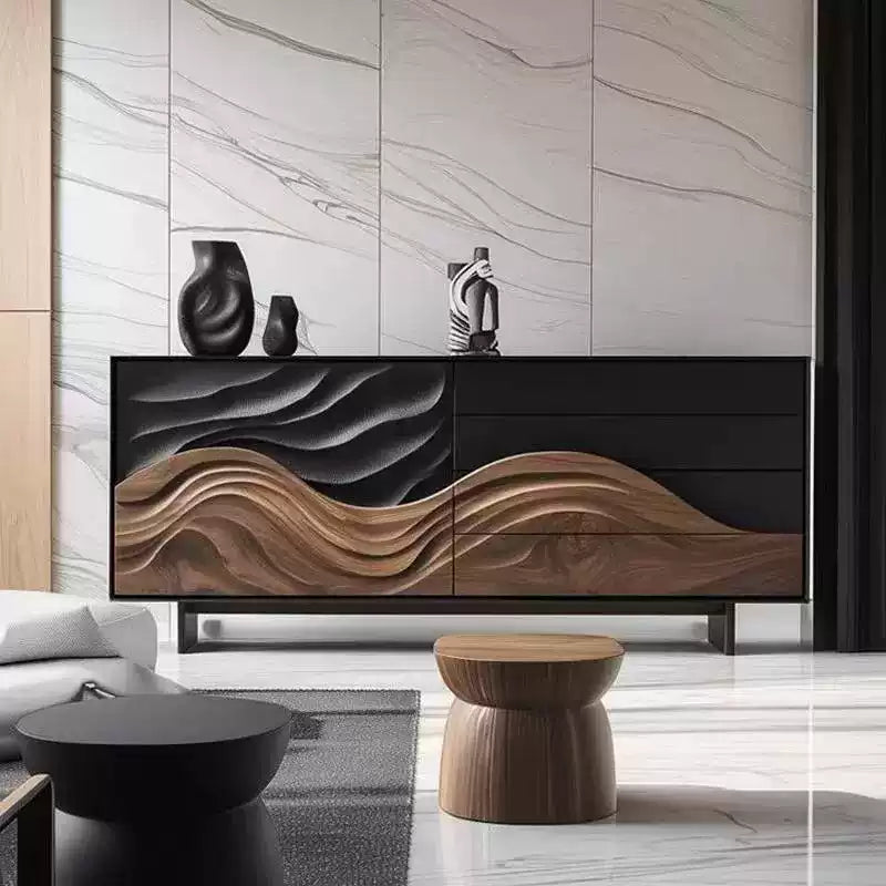 Luxury Modern Wave Carved Sideboard Cabinet, High-End Solid Wood 4-Drawer 2-Door Console for Villa, Bedroom, or Entryway