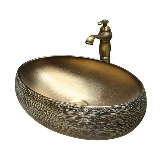 Luxury Gold Oval Ceramic Wash Basin – Modern Art Hotel Countertop Vessel Sink, Large Bathroom Vanity Bowl