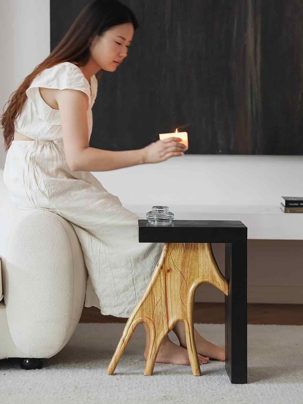 Designer Antler Coffee Side Table – Modern Wood Art Furniture with Black Top, Moveable Living Room Accent Table