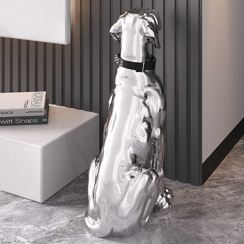 Chrome Dog Floor Sculpture, Modern Luxury Sitting Puppy Decor for Living Room, Entryway, TV Cabinet, Office