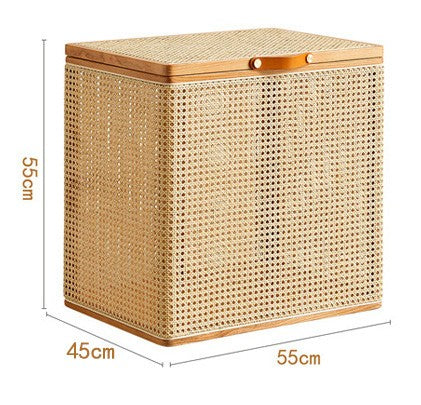 Vintage Rattan Storage Box with Lid – Large Cherry Finish Woven Organizer Basket, Bedroom Laundry Hamper & Bedside Cabinet