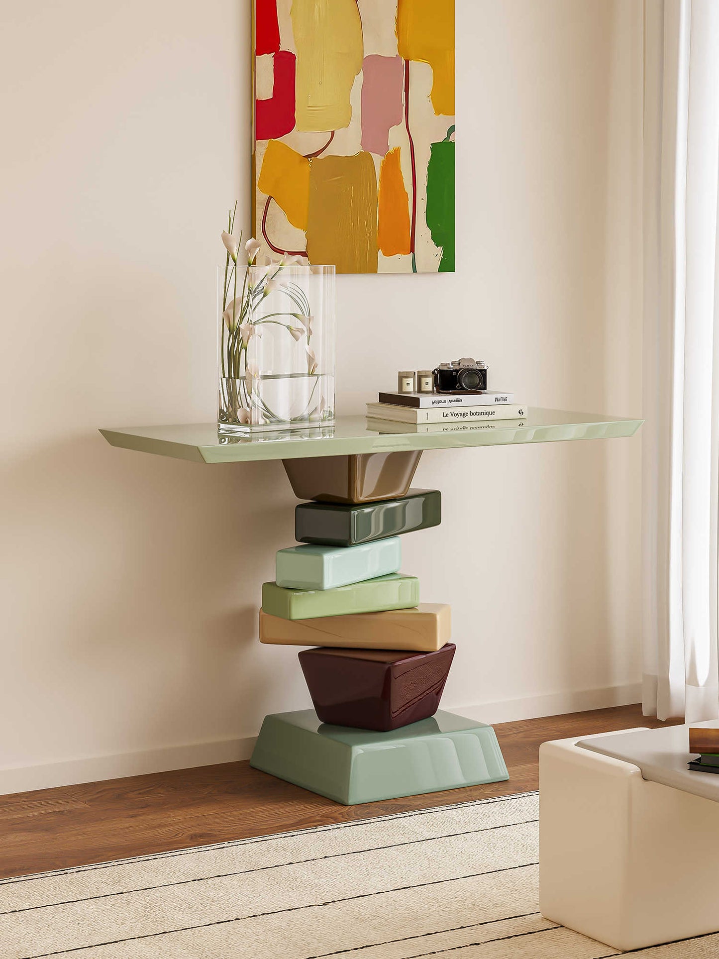 Contemporary Stacked Block Console Table – Multi-Color Geometric Base with Glass Top, Designer Entrance Table for Modern Hallways and Living Spaces