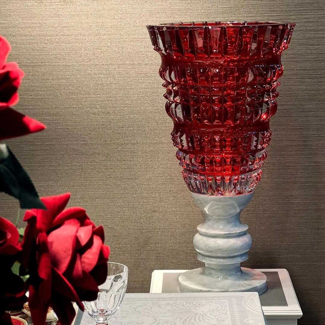 Luxury Red Crystal Vase with Marble Base, Modern Decorative Centerpiece for Living Room Entryway Bedroom, 15.3 Inch Designer Lily Flower Holder