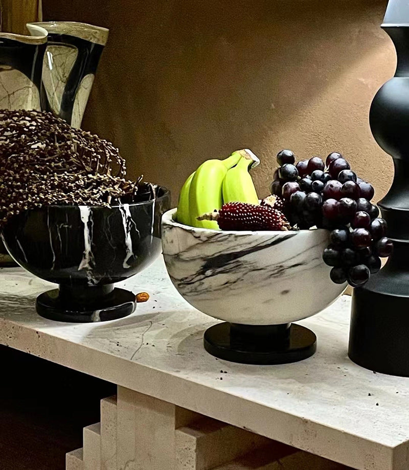 Black Marble Fruit Bowl with Pedestal Base – Designer Luxury Home Decor for Villa Showrooms & Sales Centers