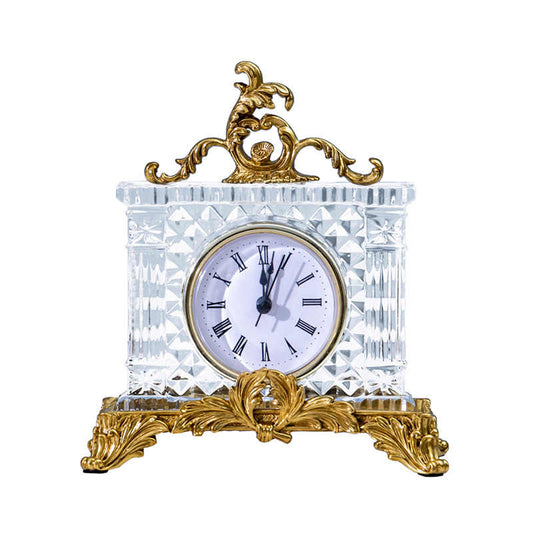 Classic Crystal Glass Mantel Clock with Roman Numerals, Vintage Style Decorative Desk Clock, Gold Accent Tabletop Timepiece