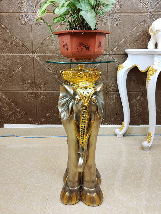 Luxury Elephant Plant Stand – Gold Resin Indoor Pedestal Table with Glass Top, Art Deco Living Room Display
