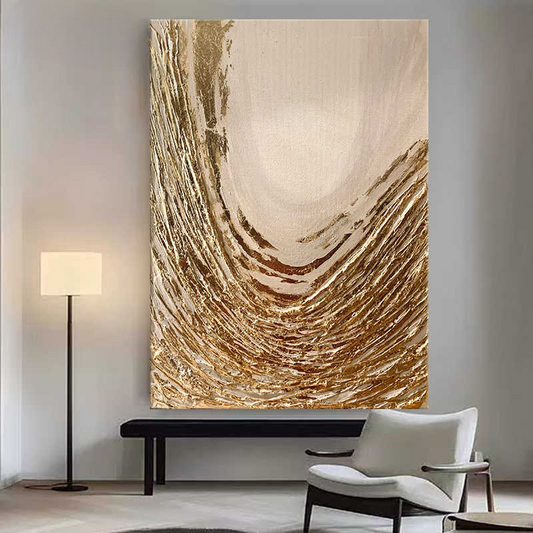 Large Luxury Gold Foil Textured Oil Painting – Original Hand-Painted Abstract Art for Living Room, Foyer & Sofa, Minimalist Italian Style