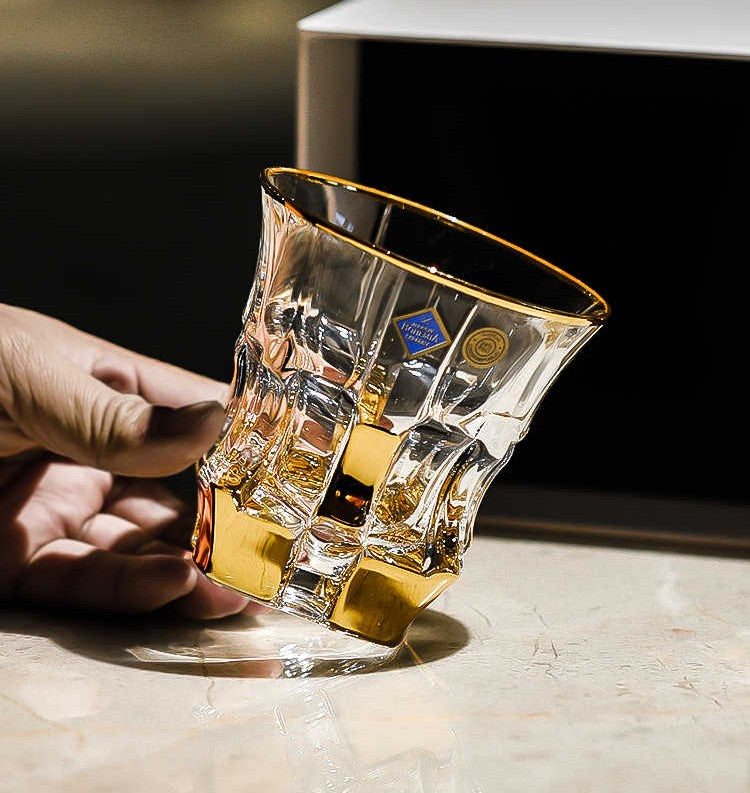 Crystal Gold Whiskey Decanter Set – Czech Lead-Free Glass, Elegant Hand-Gilded Barware Gift Set with 1 Decanter & 2 Tumblers