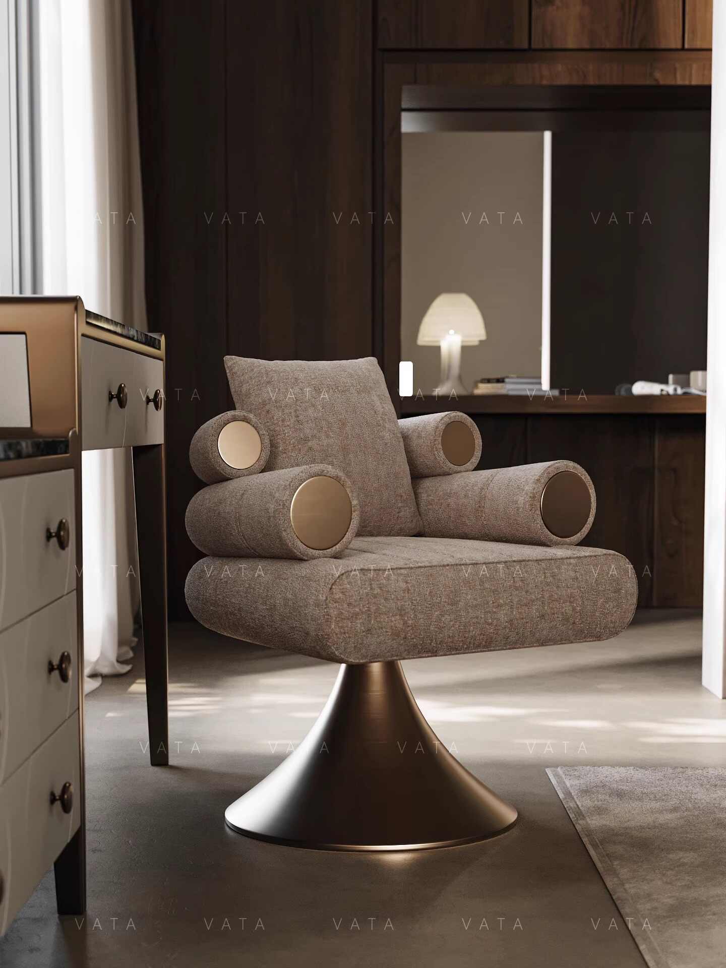 Designer Italian Minimalist Swivel Vanity Chair – Luxury Contemporary Upholstered Accent Chair with Sculptural Cylindrical Arms