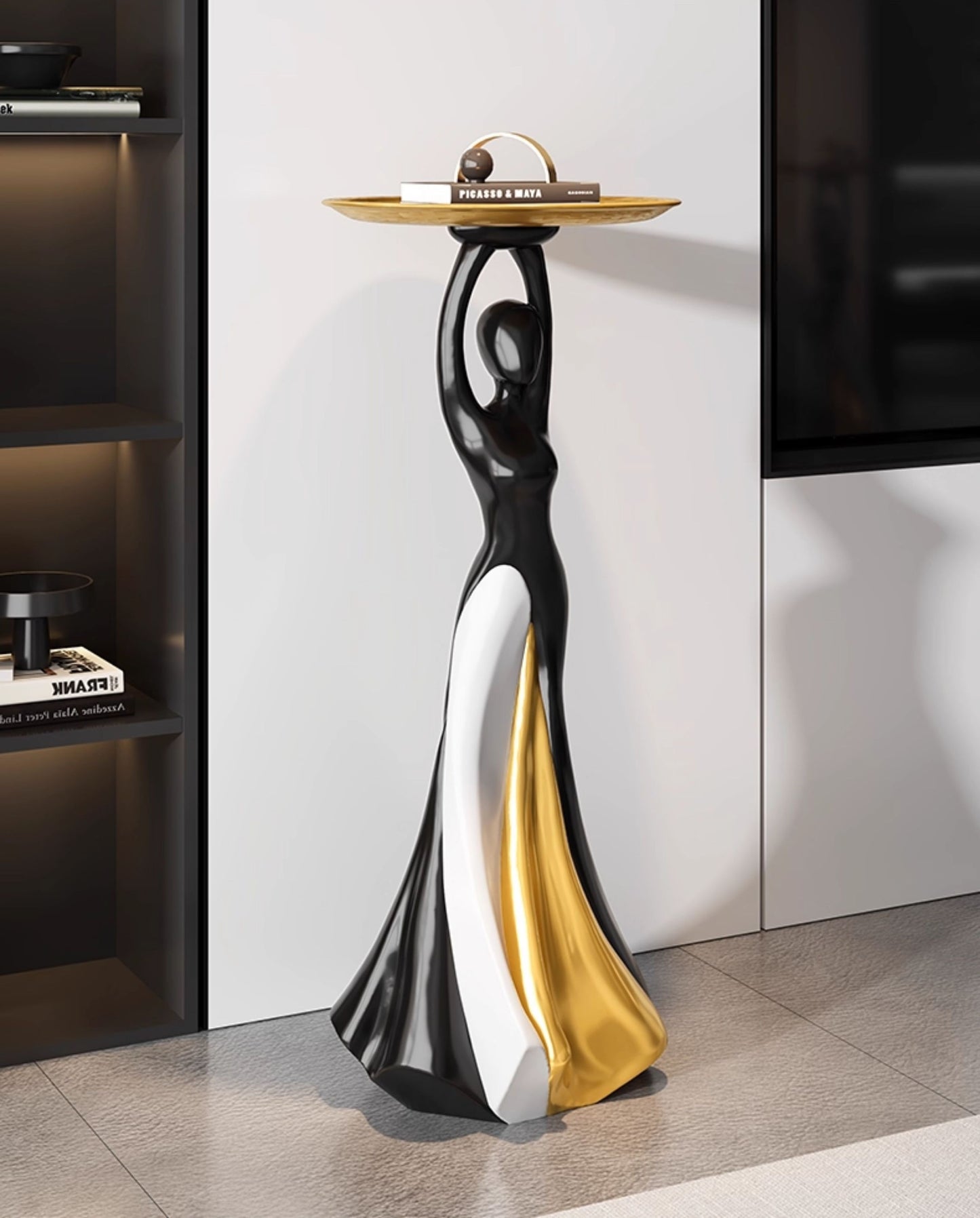 Modern Sculpture Dancer Accent Table – Black and Gold Artistic Side Table for Living Room, Bedroom, Office – Elegant Minimalist Resin End Table