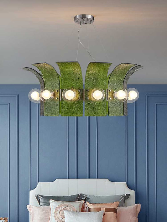 Green Glass Chandelier, Modern Organic Leaf Design, Multi-Light Statement Ceiling Fixture for Living Room, Dining Area