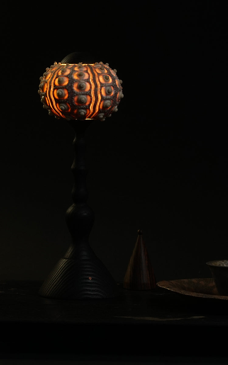 Handmade Sea Urchin Table Lamp, USB Rechargeable Black Wood Ambient Light, Touch Dimmable Modern Vintage Night Light for Bedroom, Living Room, Gifts