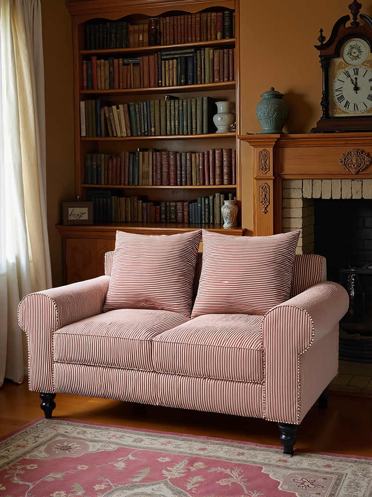 Vintage Small Apartment Striped Sofa – Designer Retro Double Seat Fabric Couch for Living Room