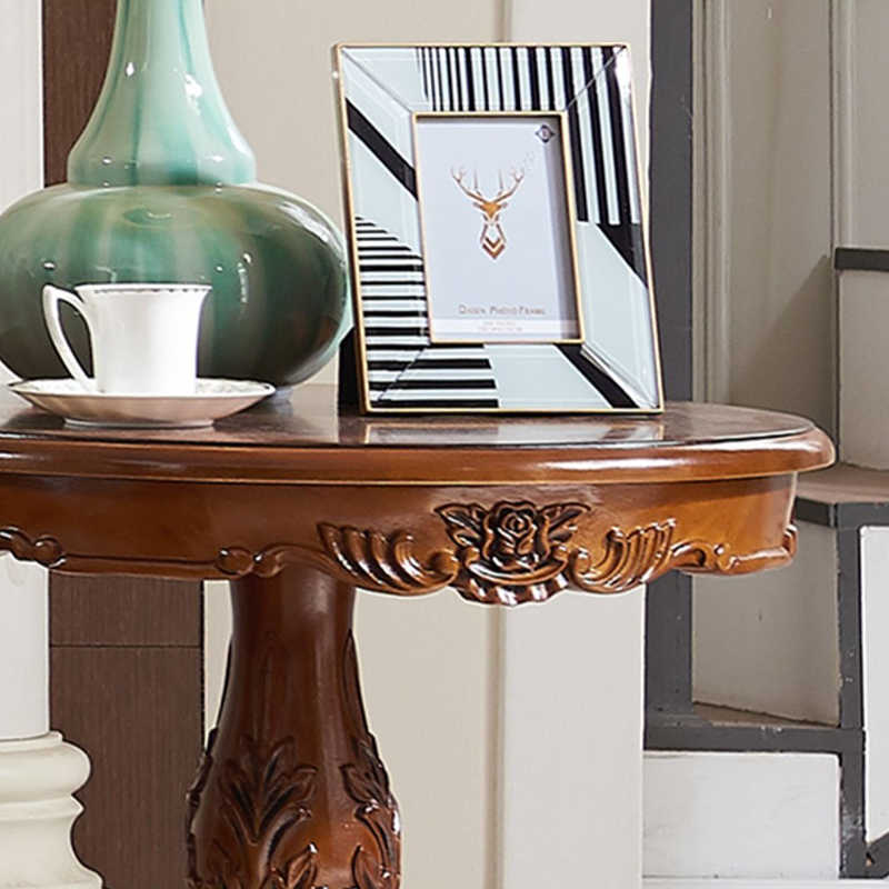 Classic American Solid Wood Round Side Table – Hand-Carved Pedestal Accent Table with Rose Detail, Victorian Style End Table for Living Room